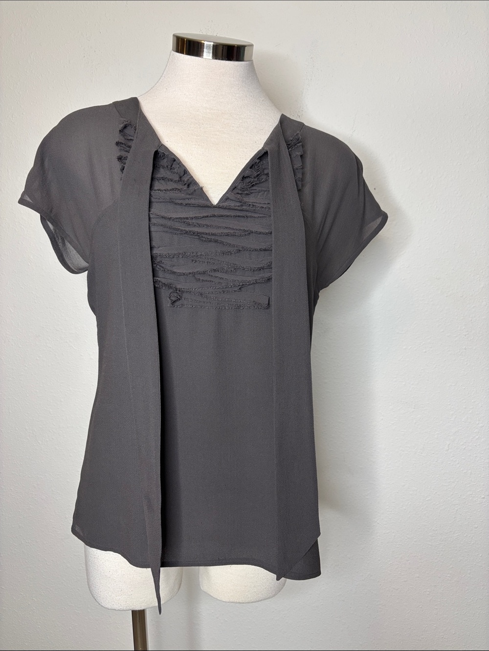 Eileen Fisher Charcoal Gray Short-Sleeve Tie-Neck Blouse